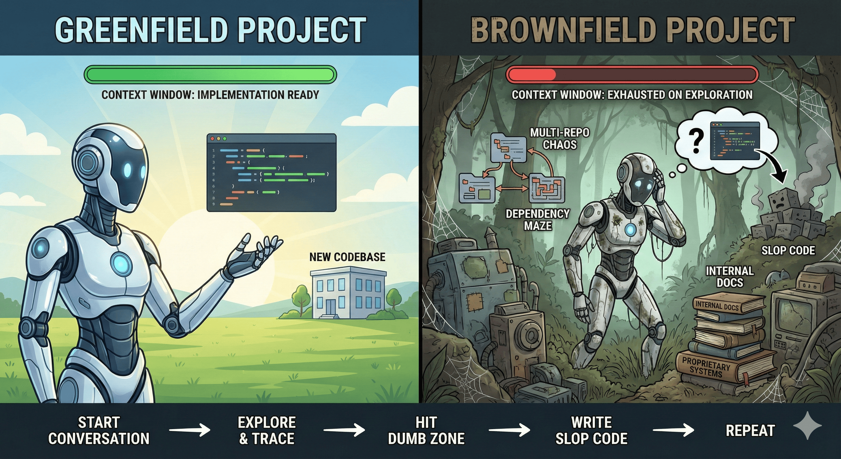 Greenfield vs Brownfield: AI context window exhaustion in complex codebases